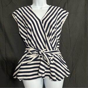 NWT Loft Wrap peplum Elegant Top Size XS Black White Striped wrap around Blouse